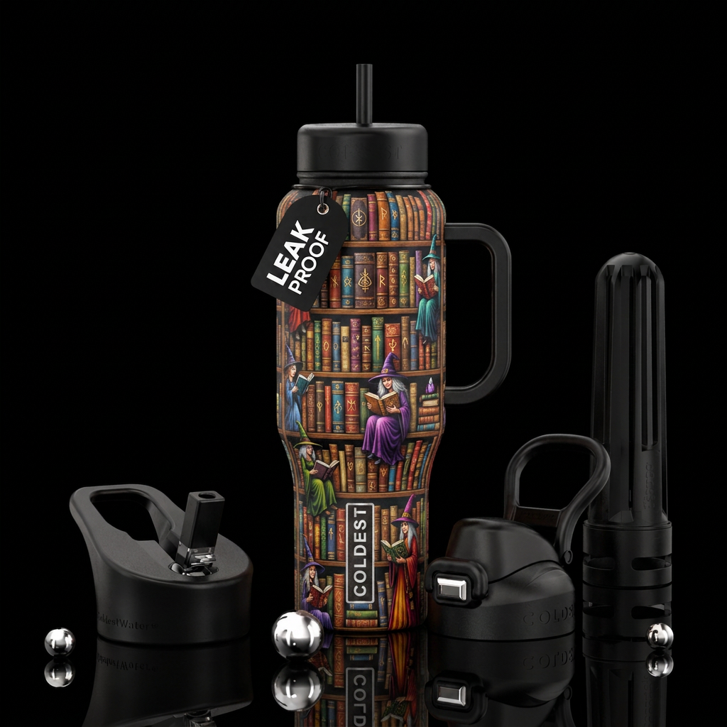 Witches books in the library with witches reading ... water bottle design