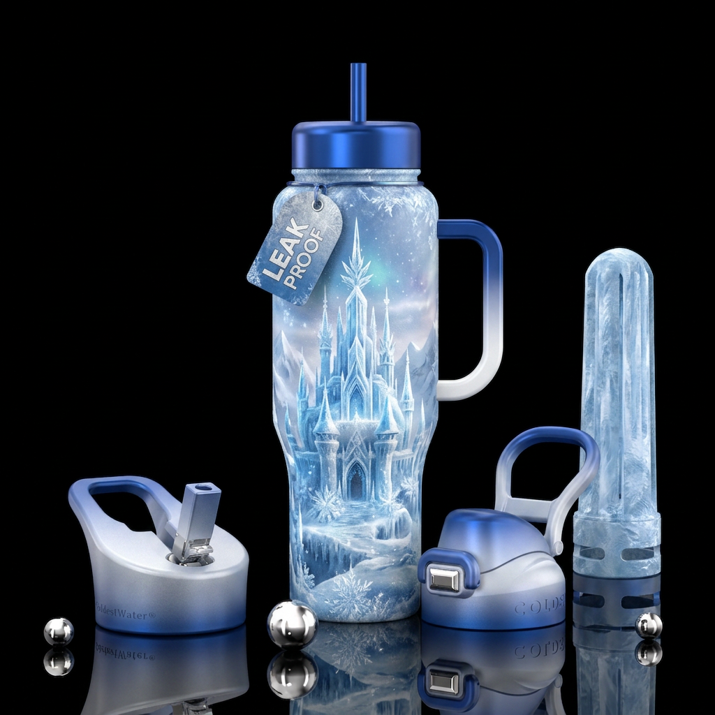 A snowflake castle water bottle design