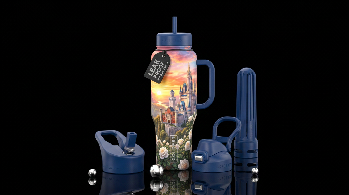 A beautiful castle with white roses and a beautifu... water bottle design