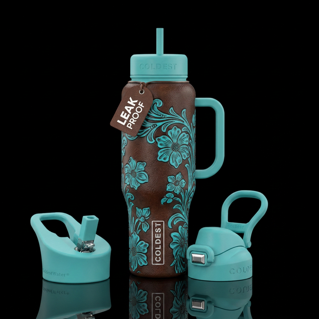 A leather look with turquoise flowers water bottle design