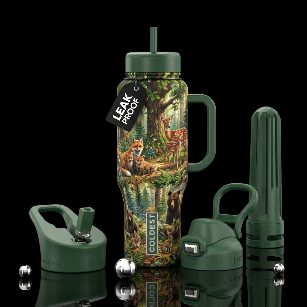 Baby animals in the woods with there parents water bottle design