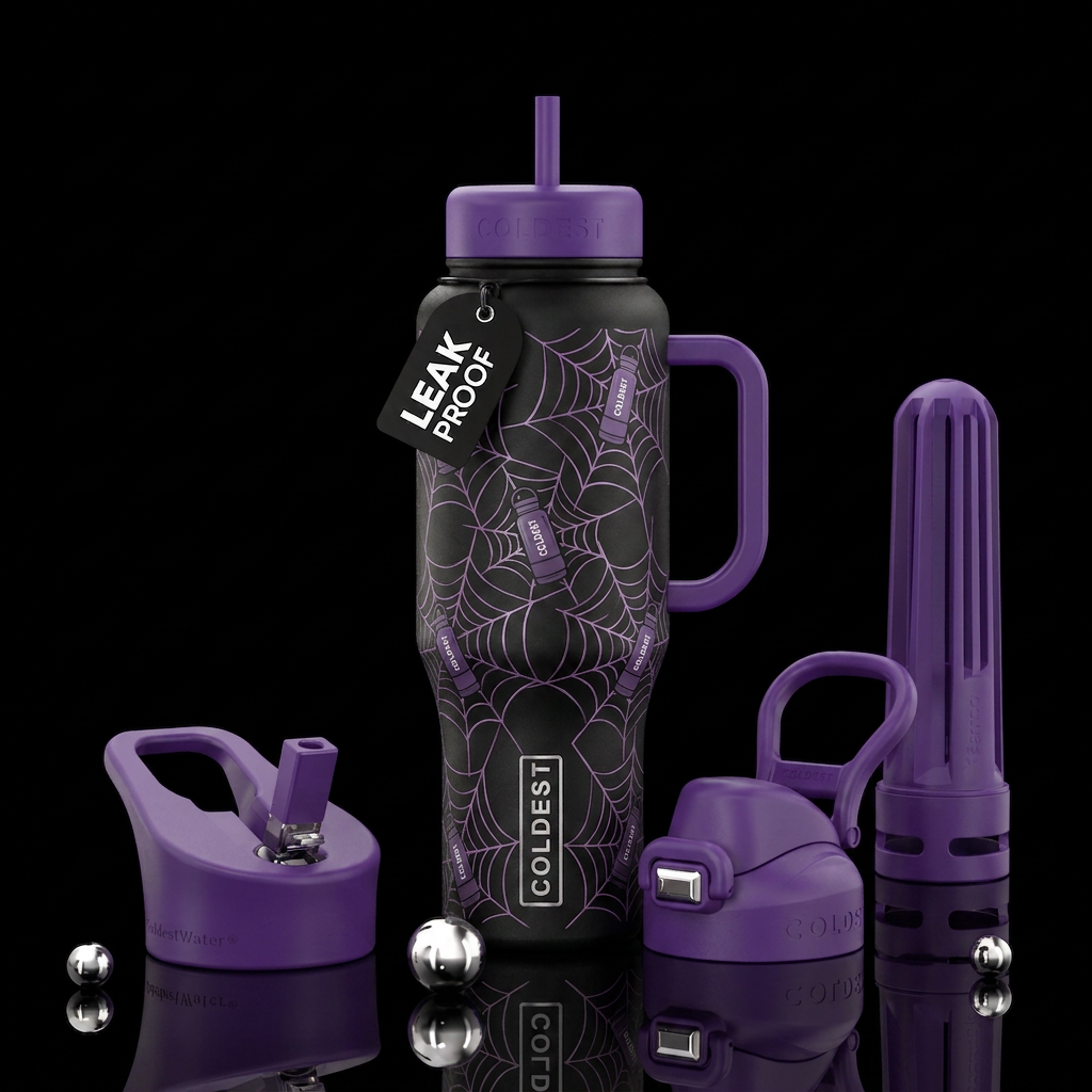 A black bottle with spiderwebs with coldest water ... water bottle design