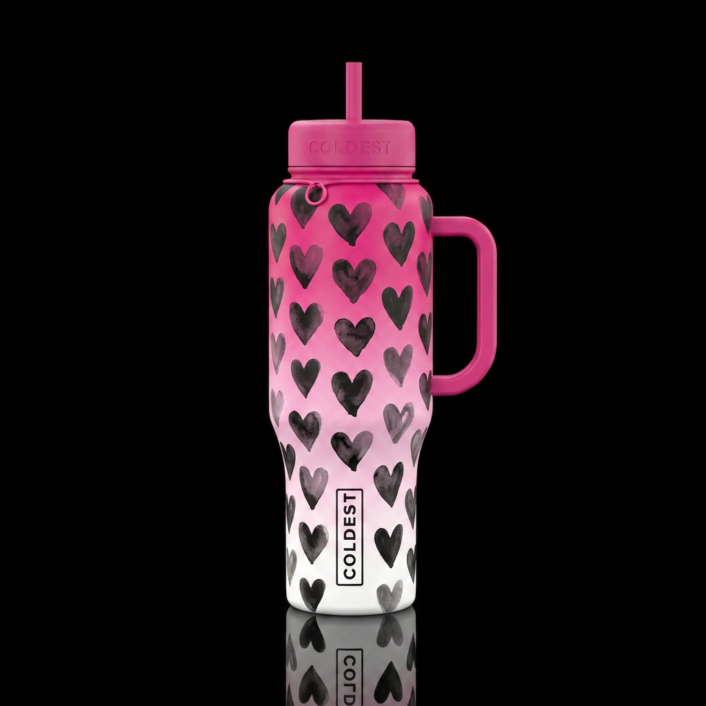 Pink and white ombre with black hearts that are wa... water bottle design