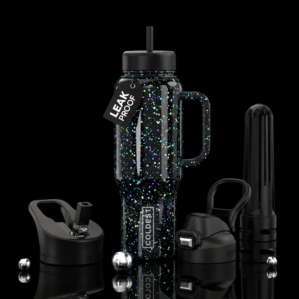 Black shiny cup with glow in the dark glitter water bottle design