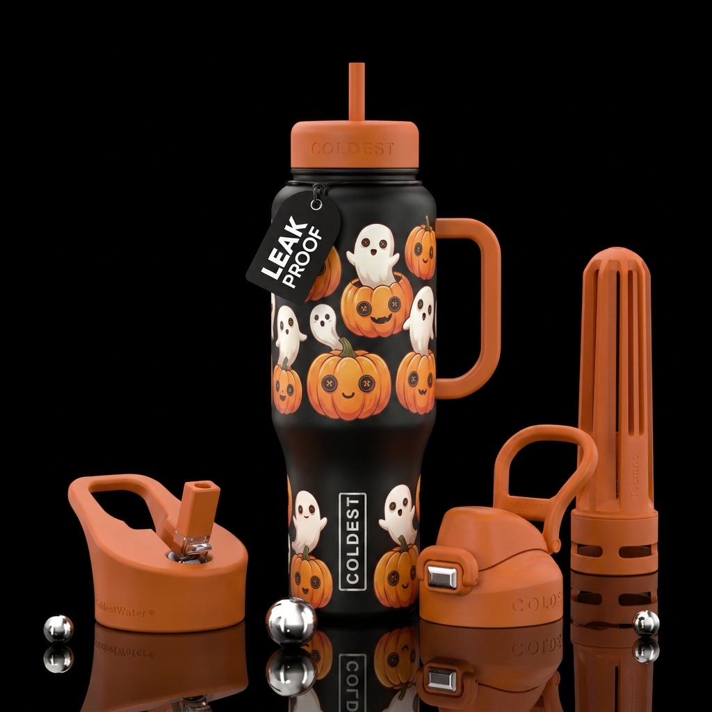 Cute pumpkins with button eyes with cute ghost com... water bottle design