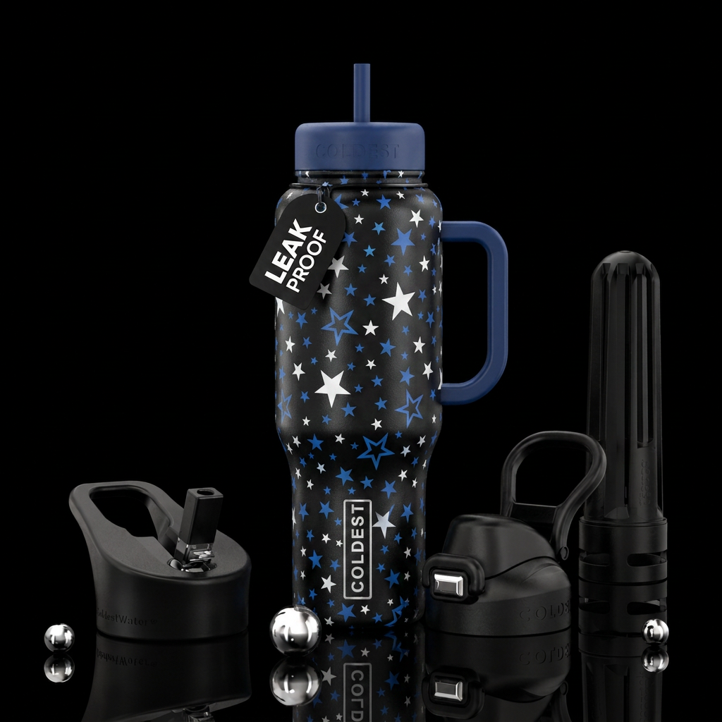 Black cup with blue and white stars water bottle design