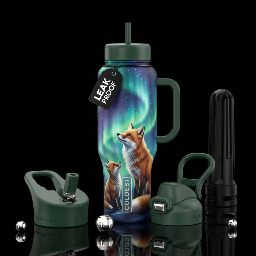 A beautiful fox and her baby looking at the northe... water bottle design