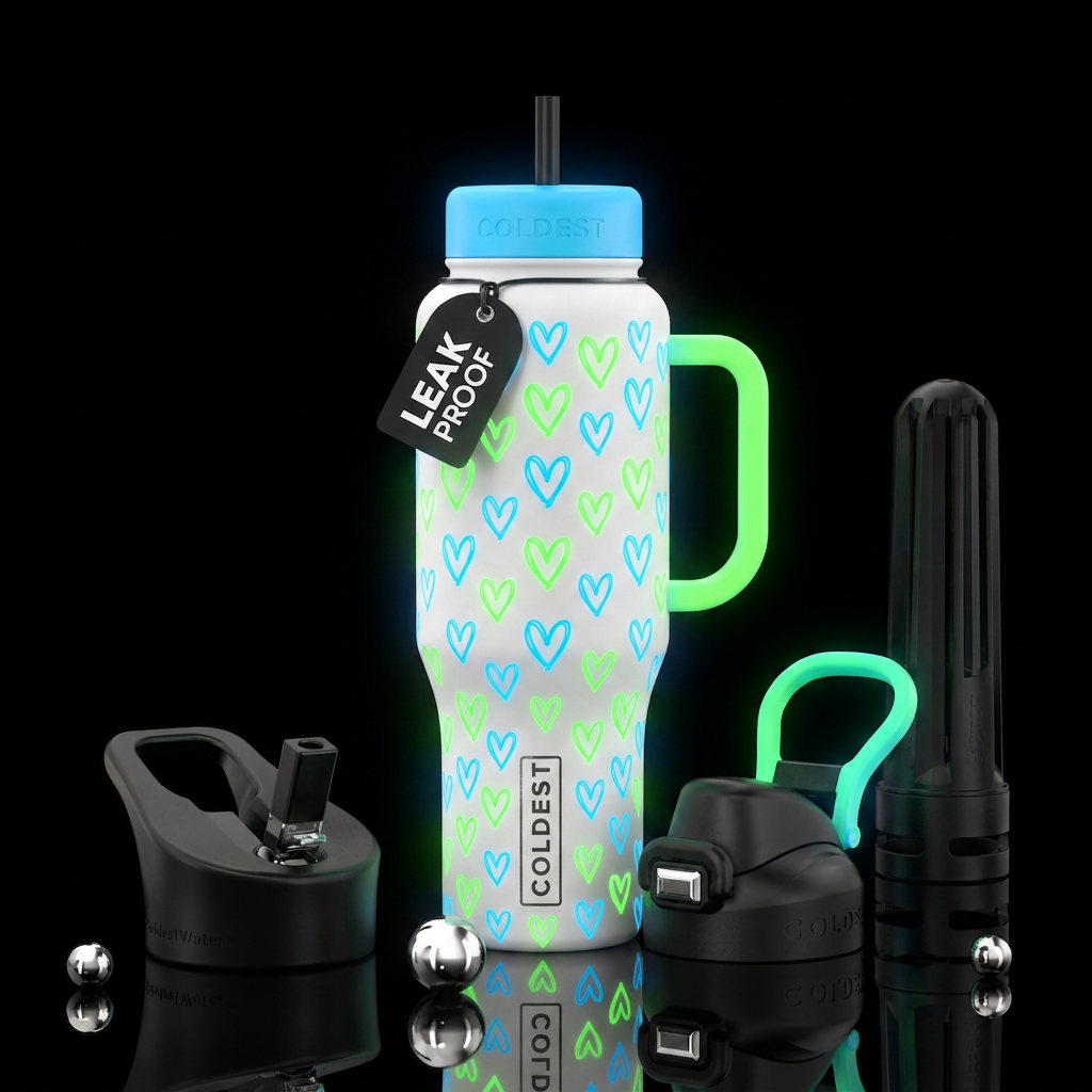 White cup with hearts that are glow in the dark ne... water bottle design