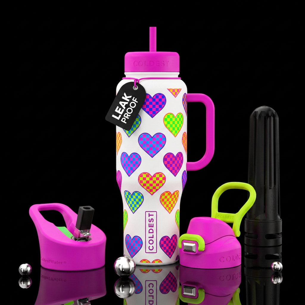 White cup with neon colored checkerboard hearts water bottle design