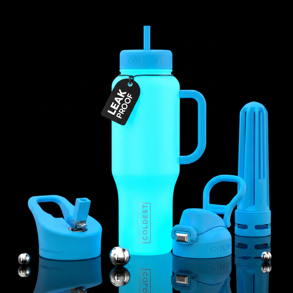 Glow in the dark neon blue bottle water bottle design