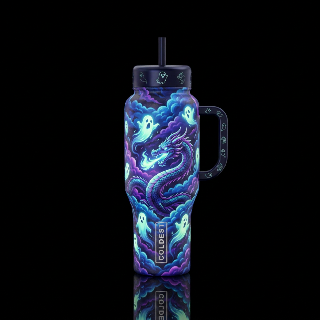 glowie ghosts, clouds, haunted, dragon water bottle design