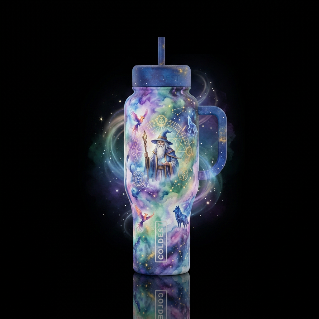 mythical, watercolor, wizard, magical water bottle design