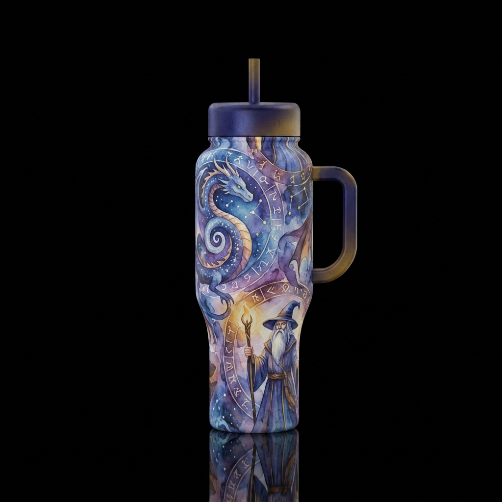 mythical, watercolor, wizard, magical water bottle design
