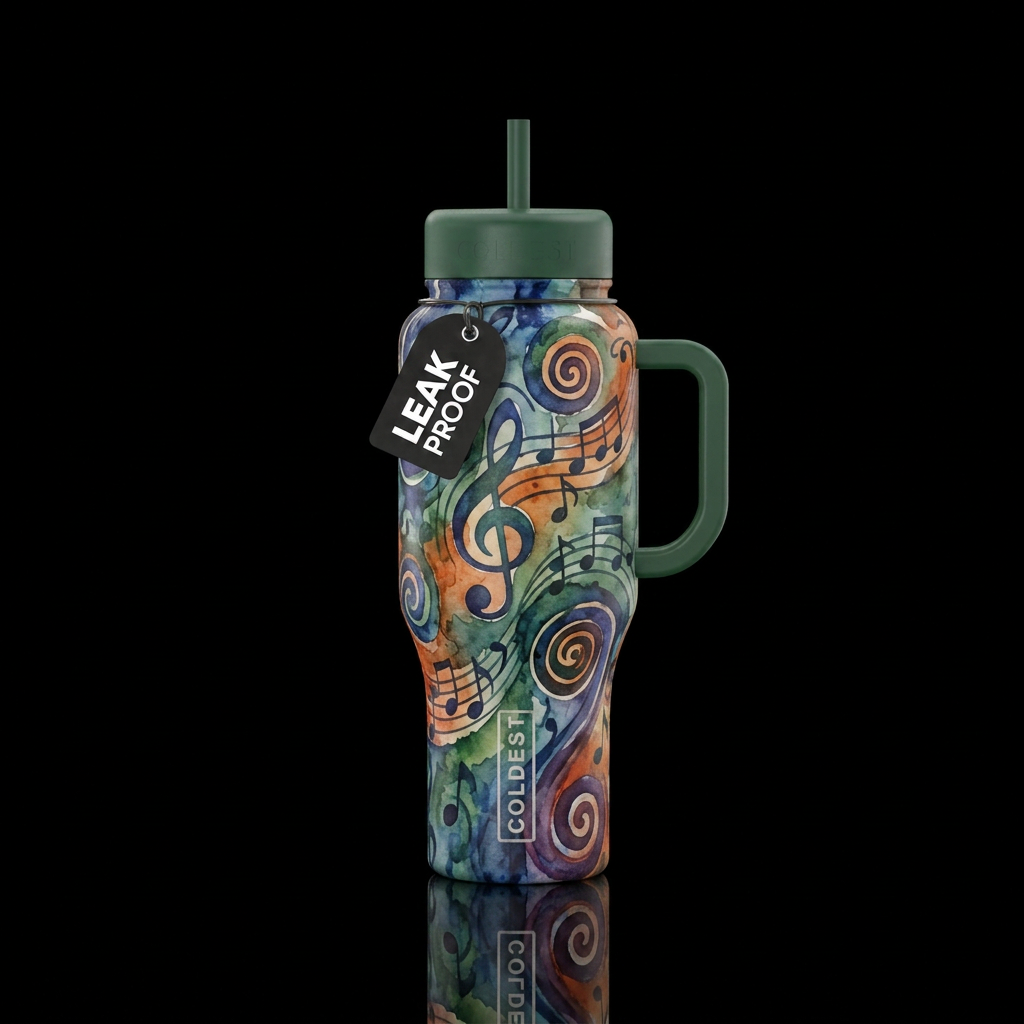 rustic, music, swirls, spirals, painting, watercol... water bottle design
