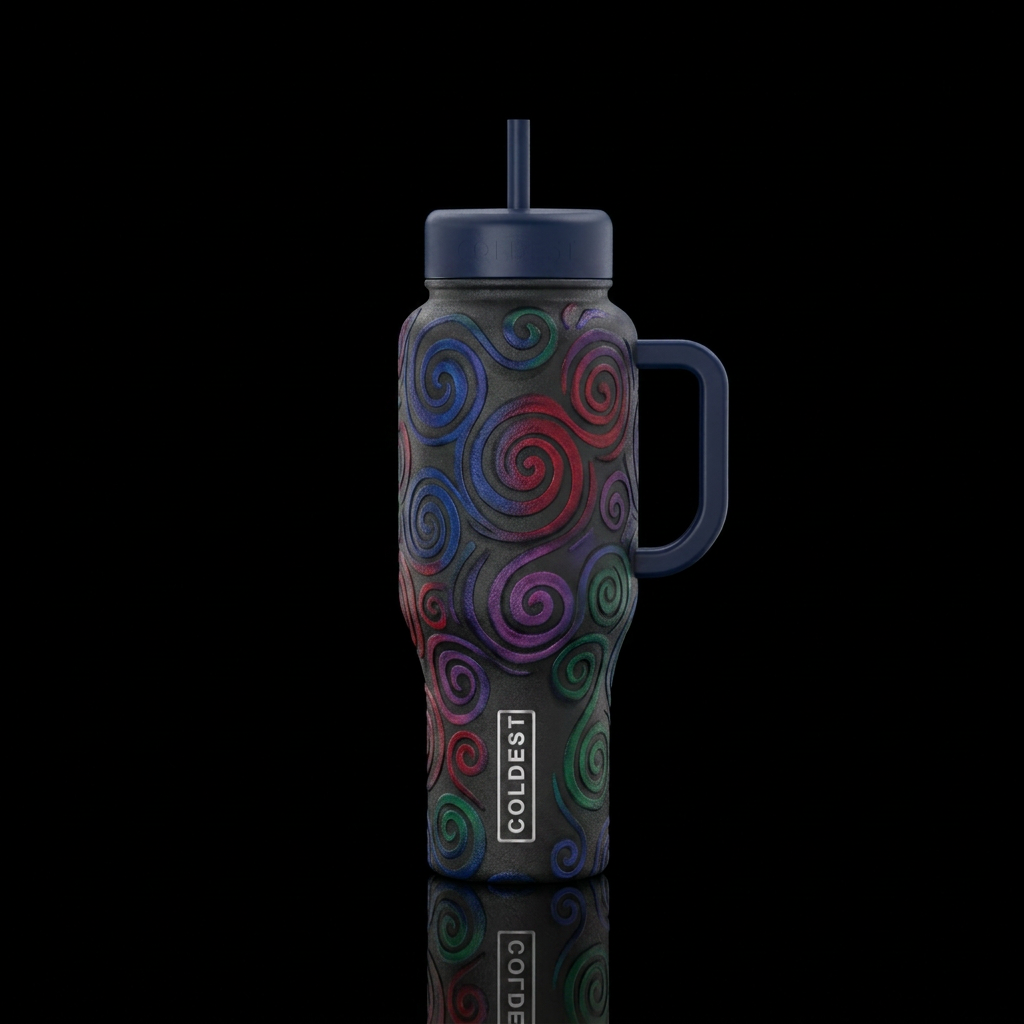 dark mood, spray painted, matte, swirls, spirals water bottle design