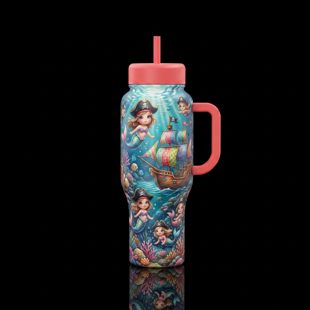 Cute baby pirate mermaids under the sea with a shi... water bottle design
