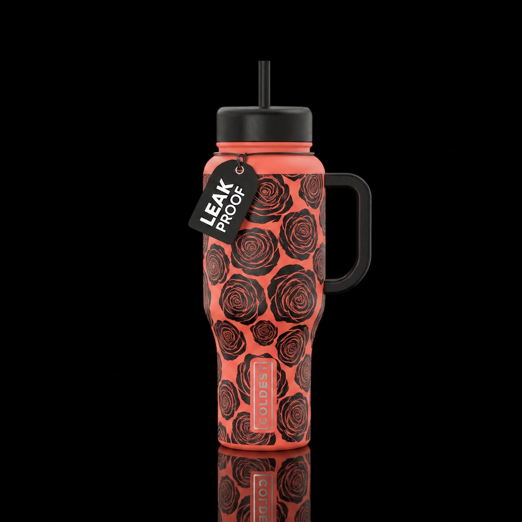 A coral cup with black roses water bottle design