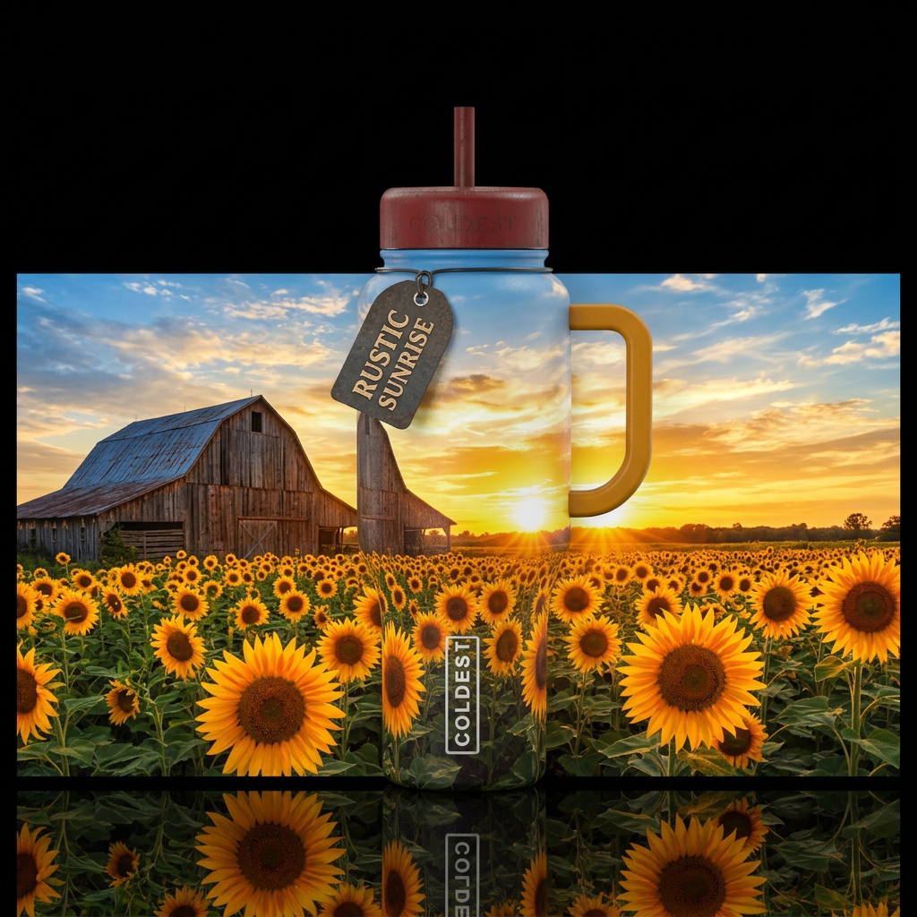 rustic barn with sunflowers and a beautiful sunris... water bottle design