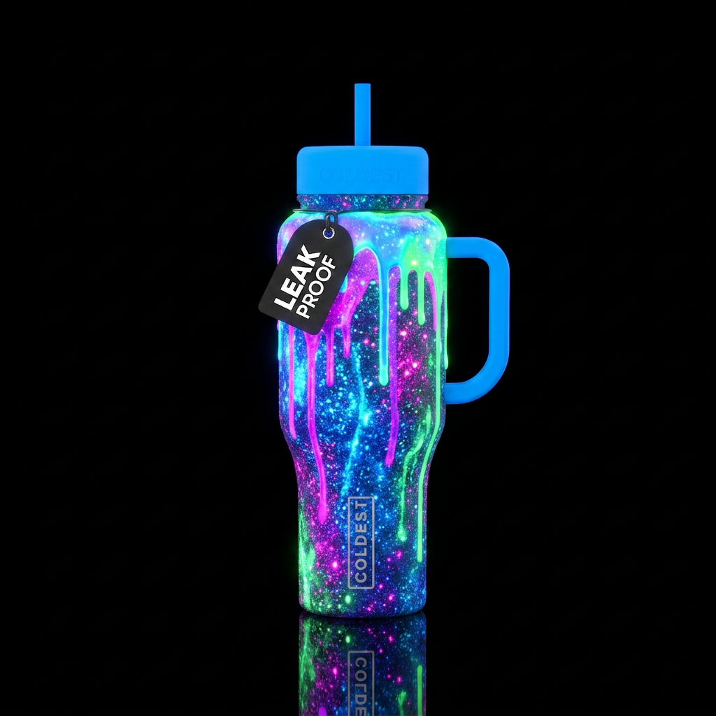 glowie, sparkly, dripping neon colors water bottle design