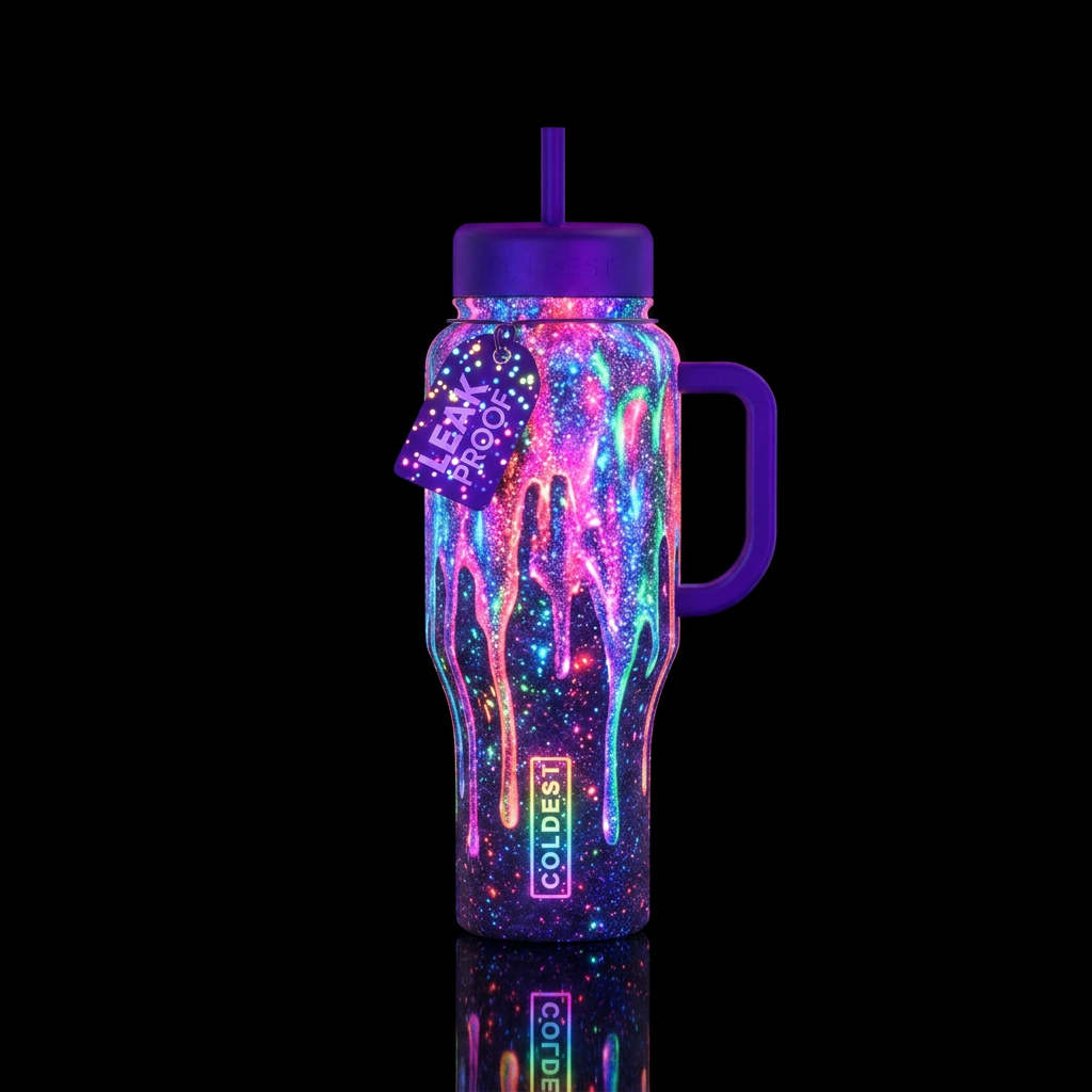 glowie, sparkly, dripping neon colors water bottle design