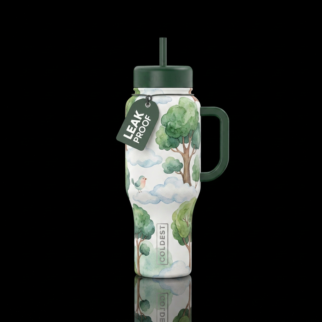 clouds, trees, whimsical, watercolor water bottle design