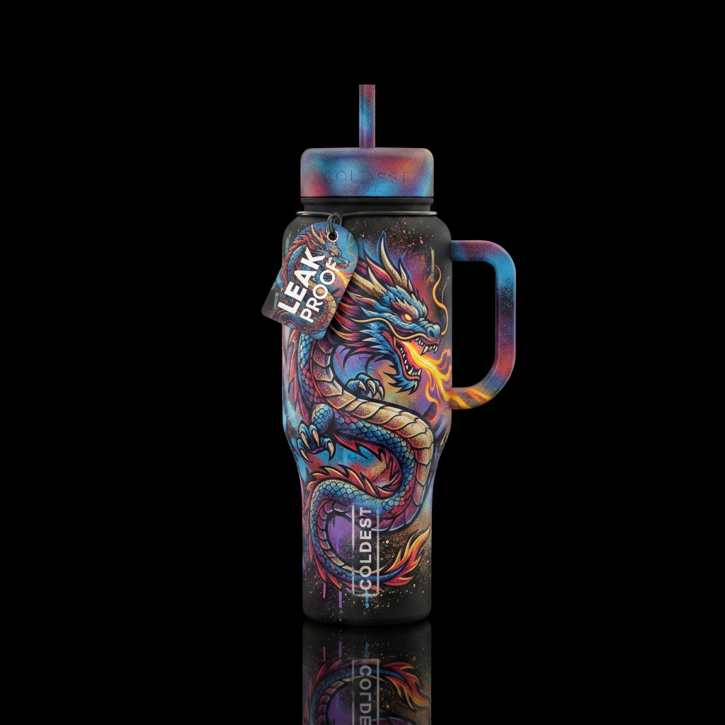 spray painted, dragon, fantasy water bottle design
