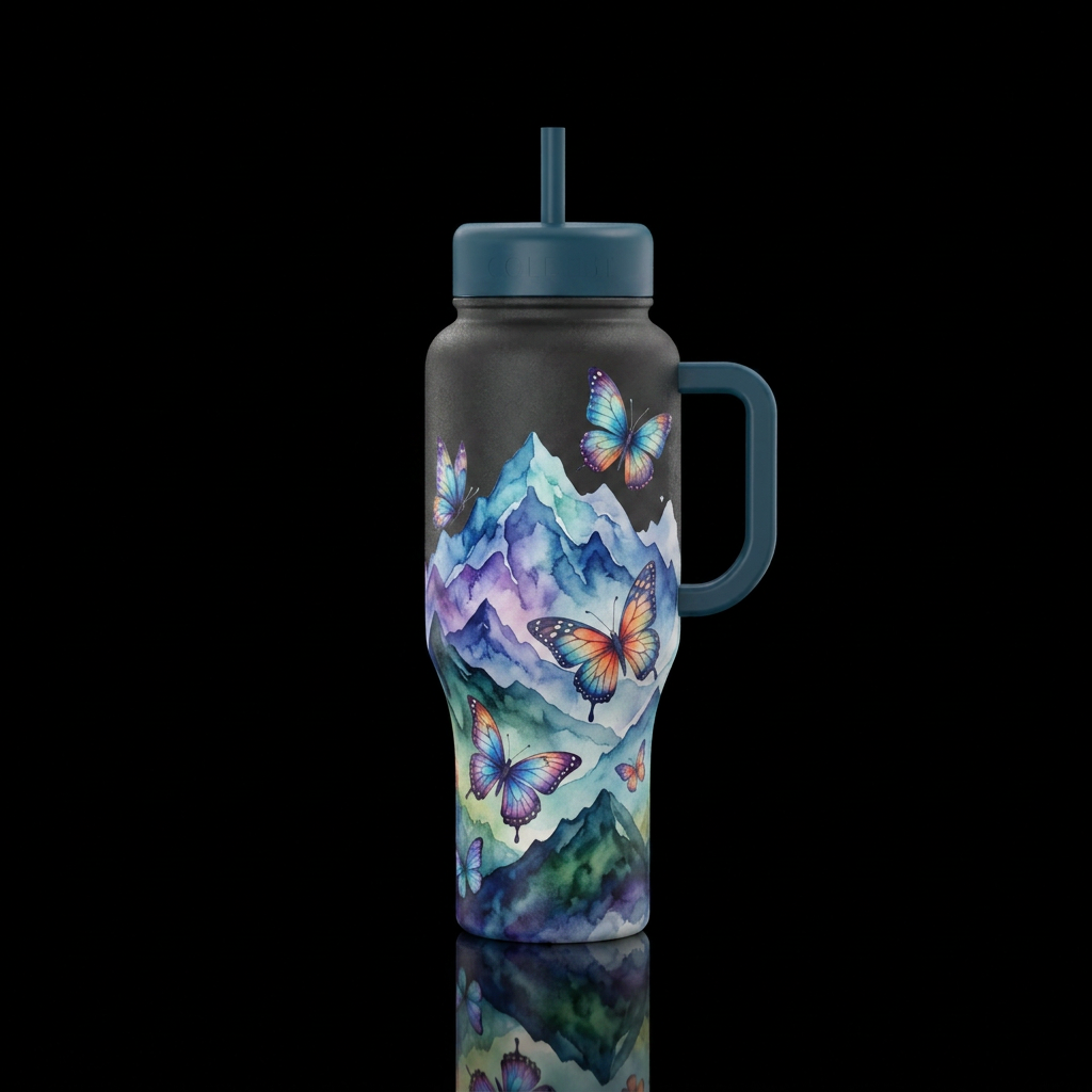 watercolor, mountains, butterfly water bottle design