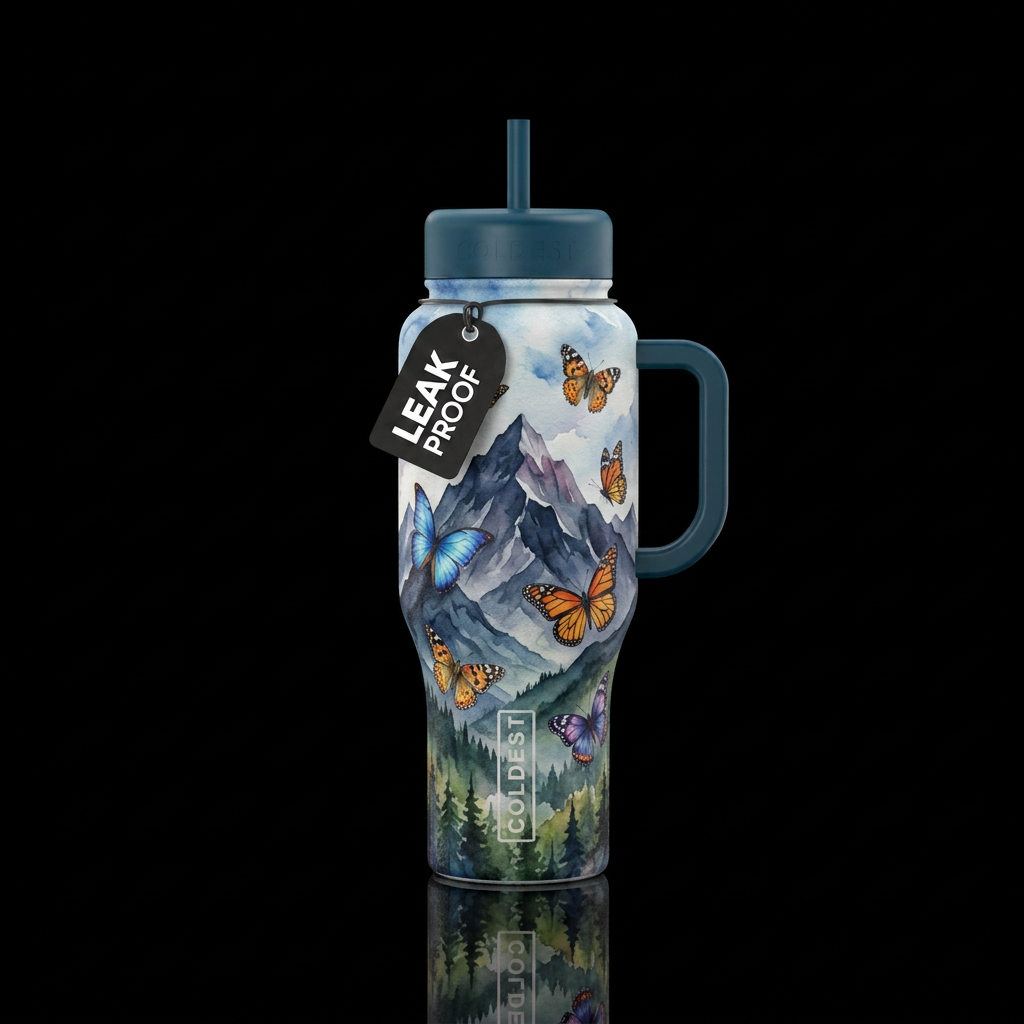 watercolor, mountains, butterfly water bottle design