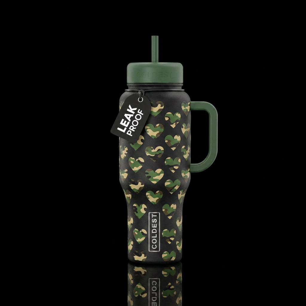 Black bottle with camouflage hearts all over the b... water bottle design