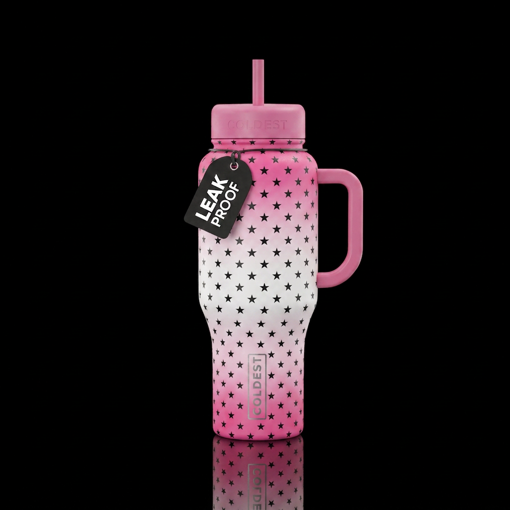 Pink and white bottle with black stars all over th... water bottle design