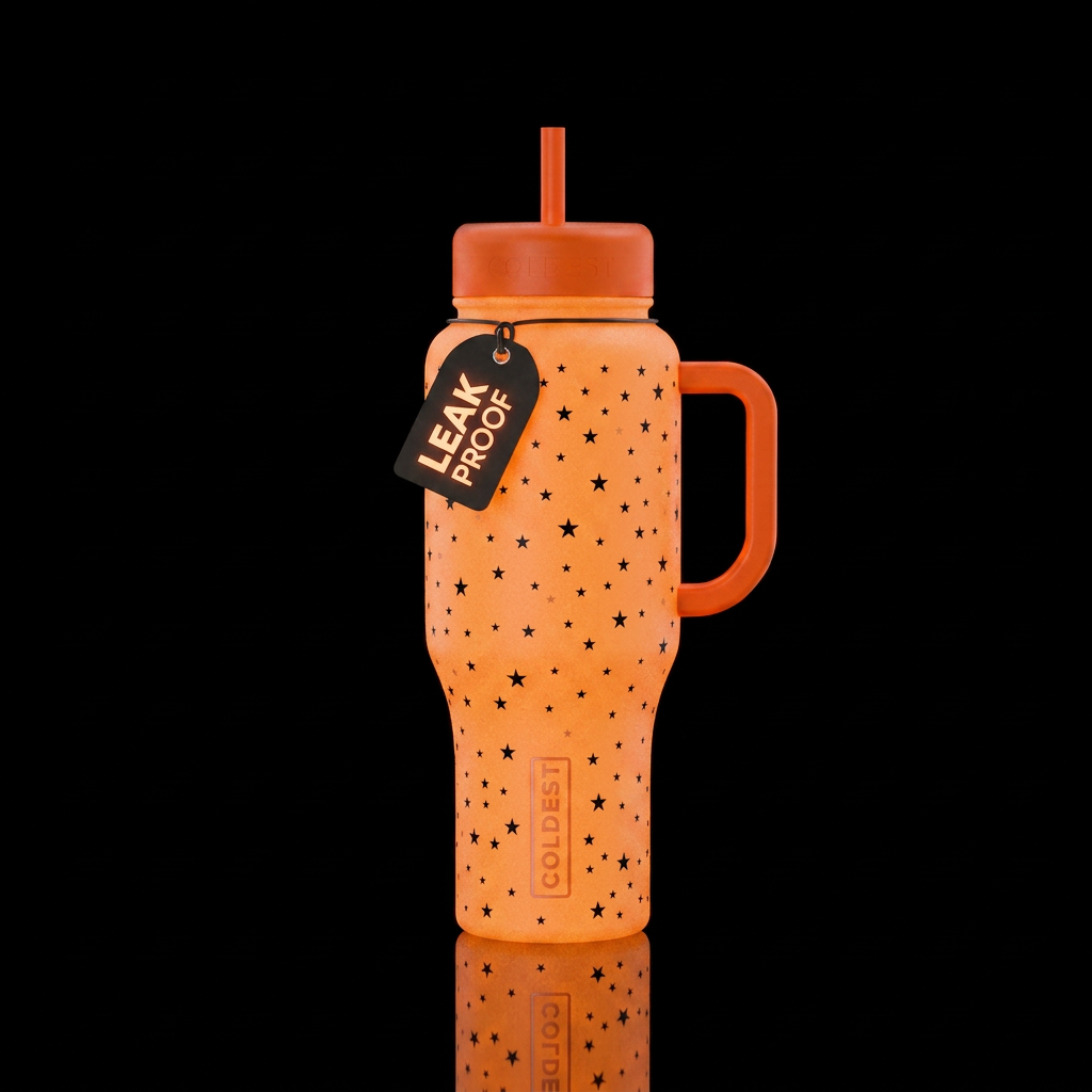 Glow in the dark orange bottle with black stars al... water bottle design