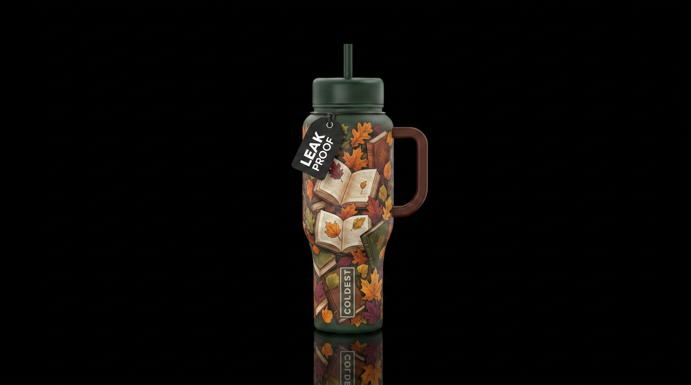 Books and fall leaves water bottle design