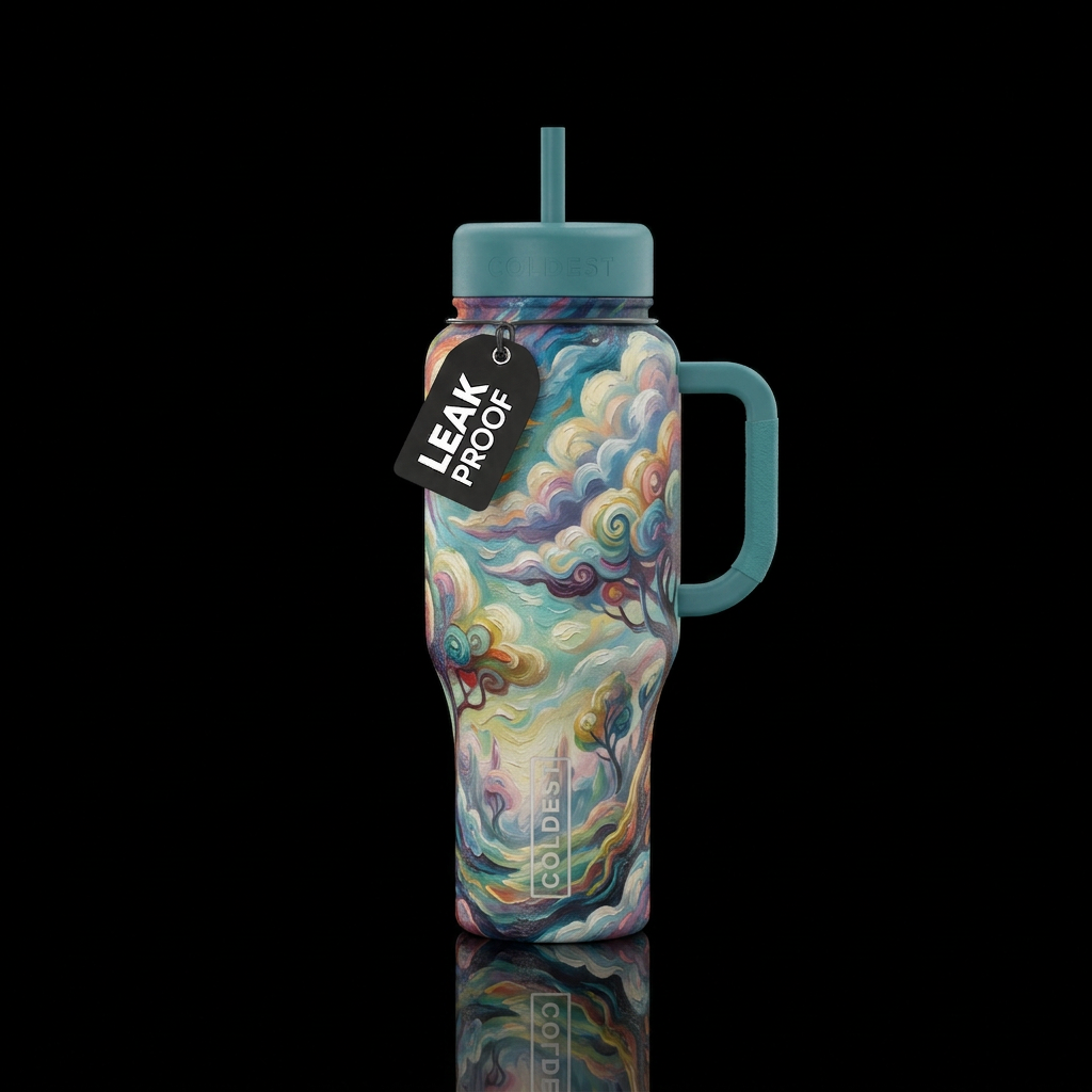 clouds, trees, whimsical, abstract, oil painted water bottle design