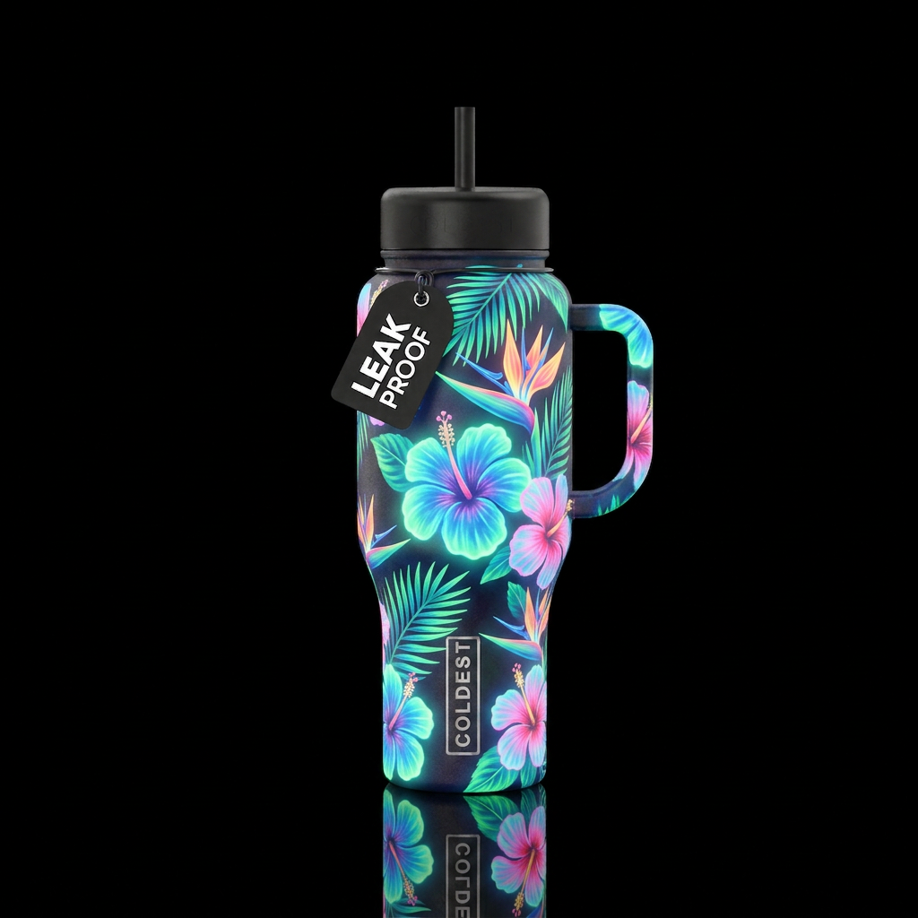 tropical flowers, glowie, painting water bottle design