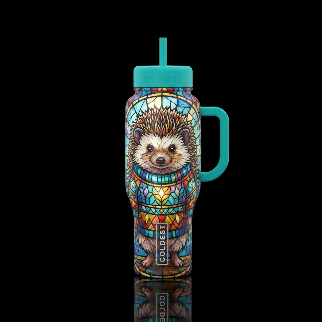 A hedgehog with a stained glass sweater water bottle design