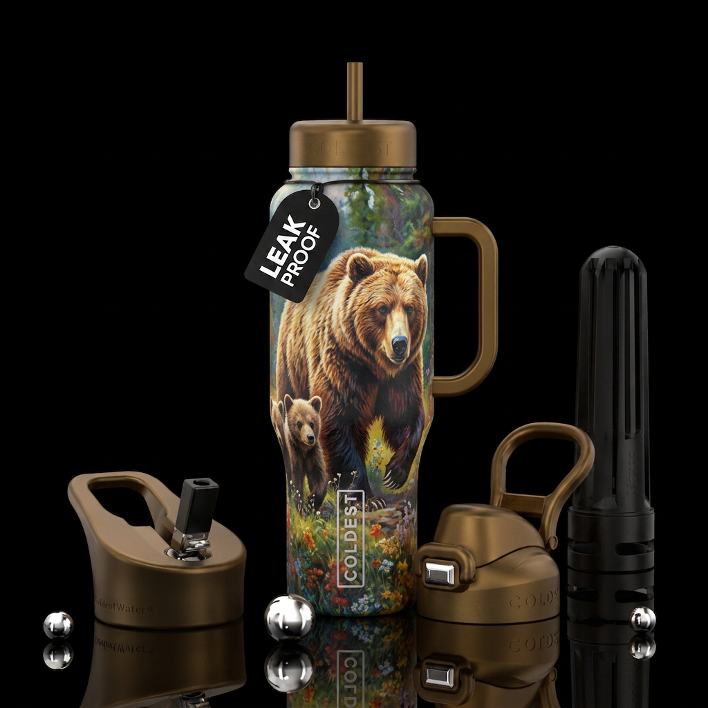 Grizzly Bear with cubs water bottle design