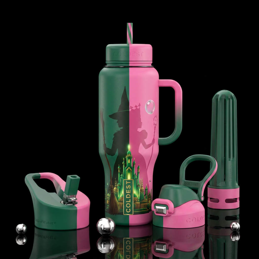 Wicked themed. Half Elphaba and half Glinda. Emera... water bottle design