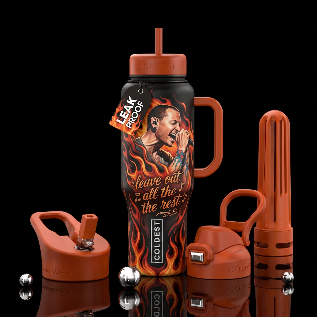 A black cup with Chester Bennington arm flame tatt... water bottle design