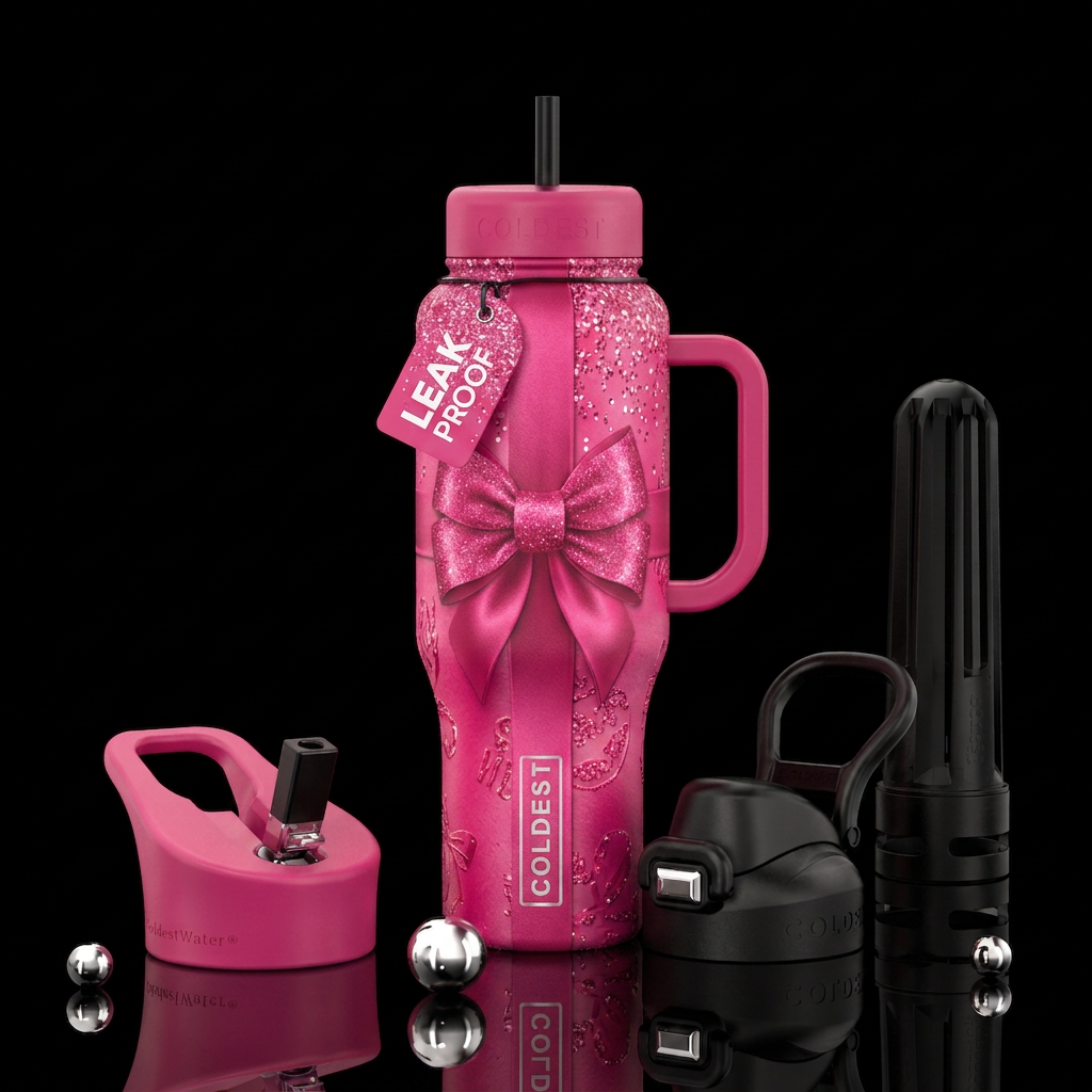 A wrapped present with a bow that lays flush with ... water bottle design
