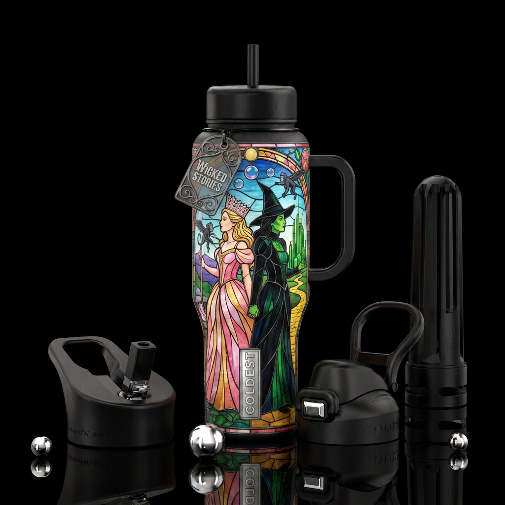 Stained glass wicked Glinda and elphaba water bottle design