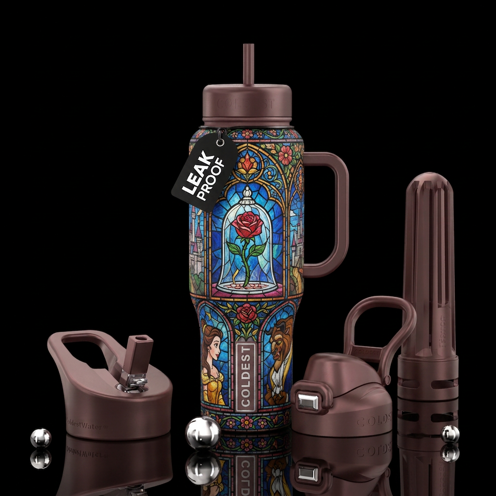 Stained glass inspired by beauty and the beast water bottle design