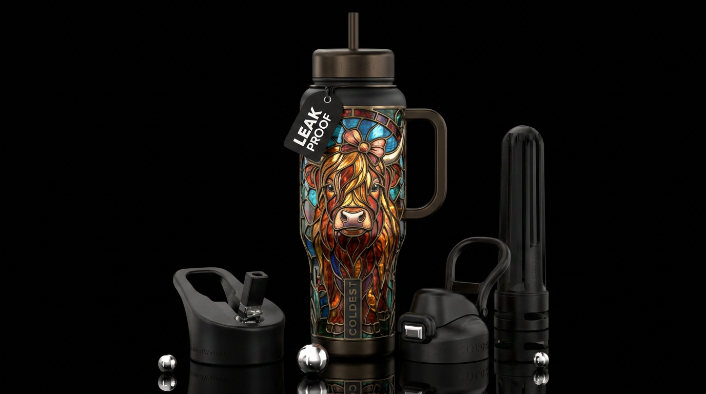 Stained glass Highland cow with bow in her hair. S... water bottle design