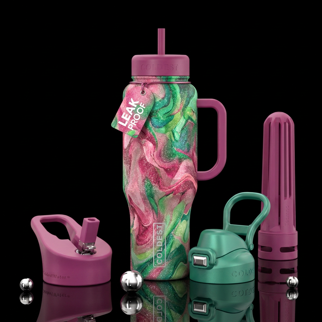 Pinks and greens abstract. Some glitter. Solid han... water bottle design