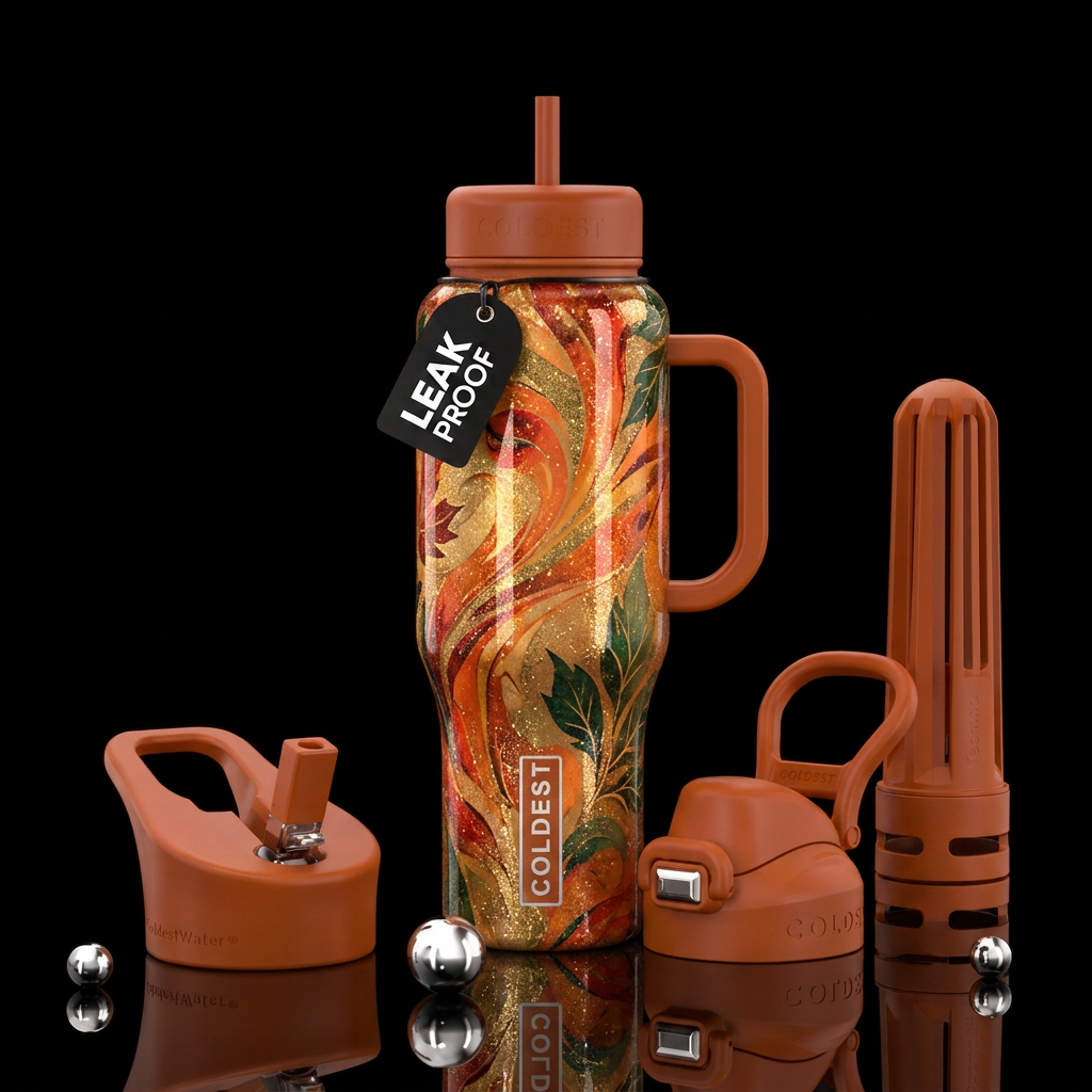 Fall vibes abstract. Some glitter. Solid handle an... water bottle design
