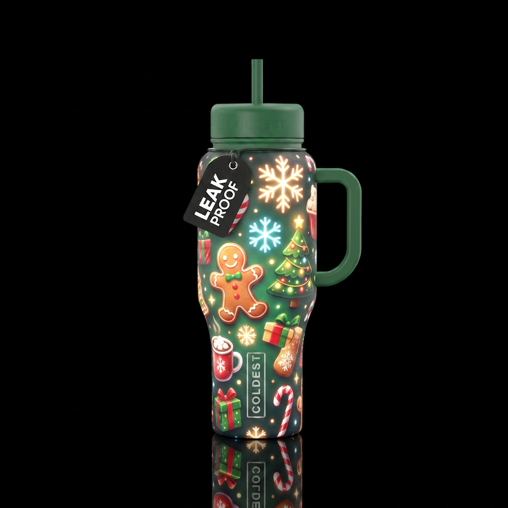 Glowing snowflakes, gingerbread man, Christmas tre... water bottle design
