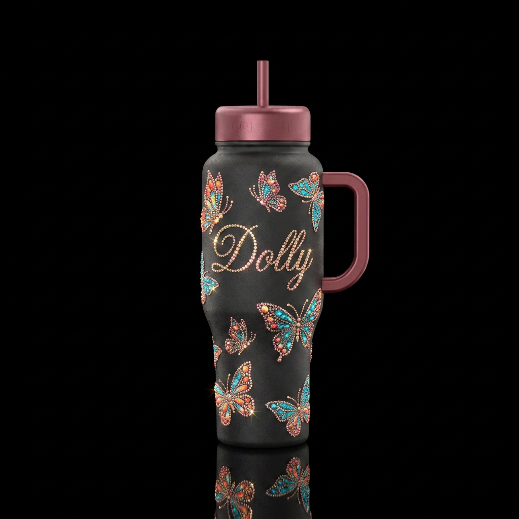 Dolly written in cursive, glowing rhinestones butt... water bottle design