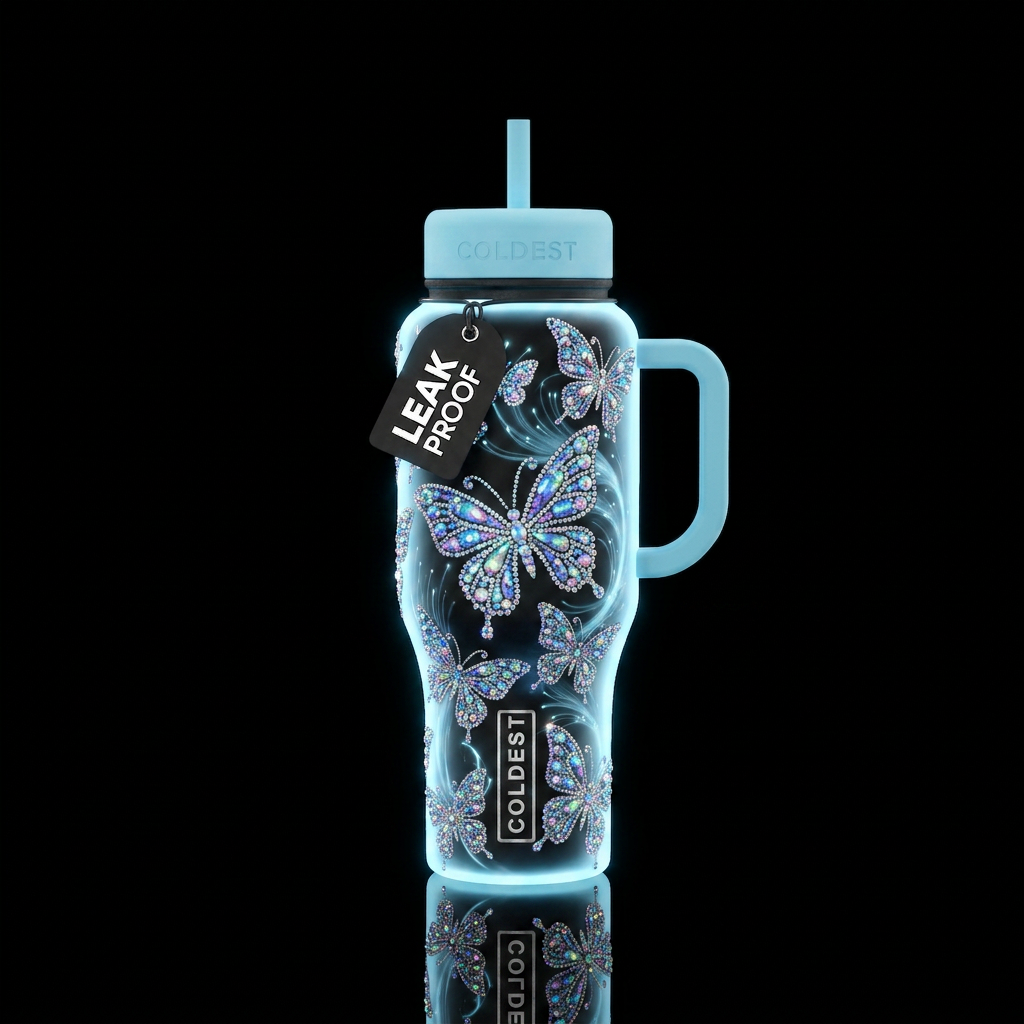 Large glowing rhinestones butterflies on light blu... water bottle design