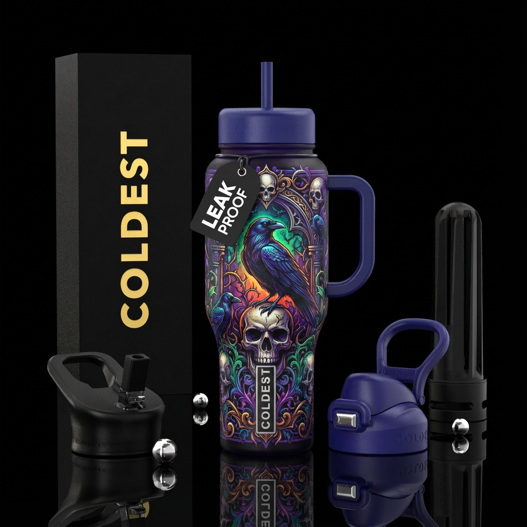 Gothic, skulls, raven water bottle design