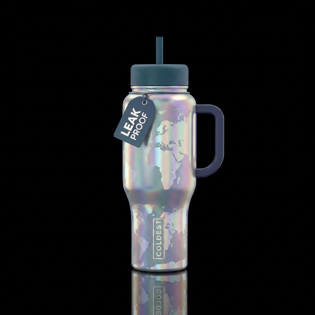 dreamy world map holographic water bottle design