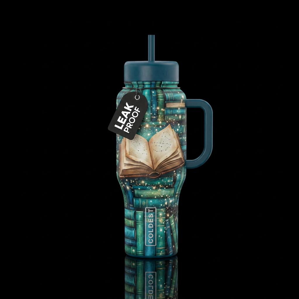 blue green ancient books with open book and sparkl... water bottle design